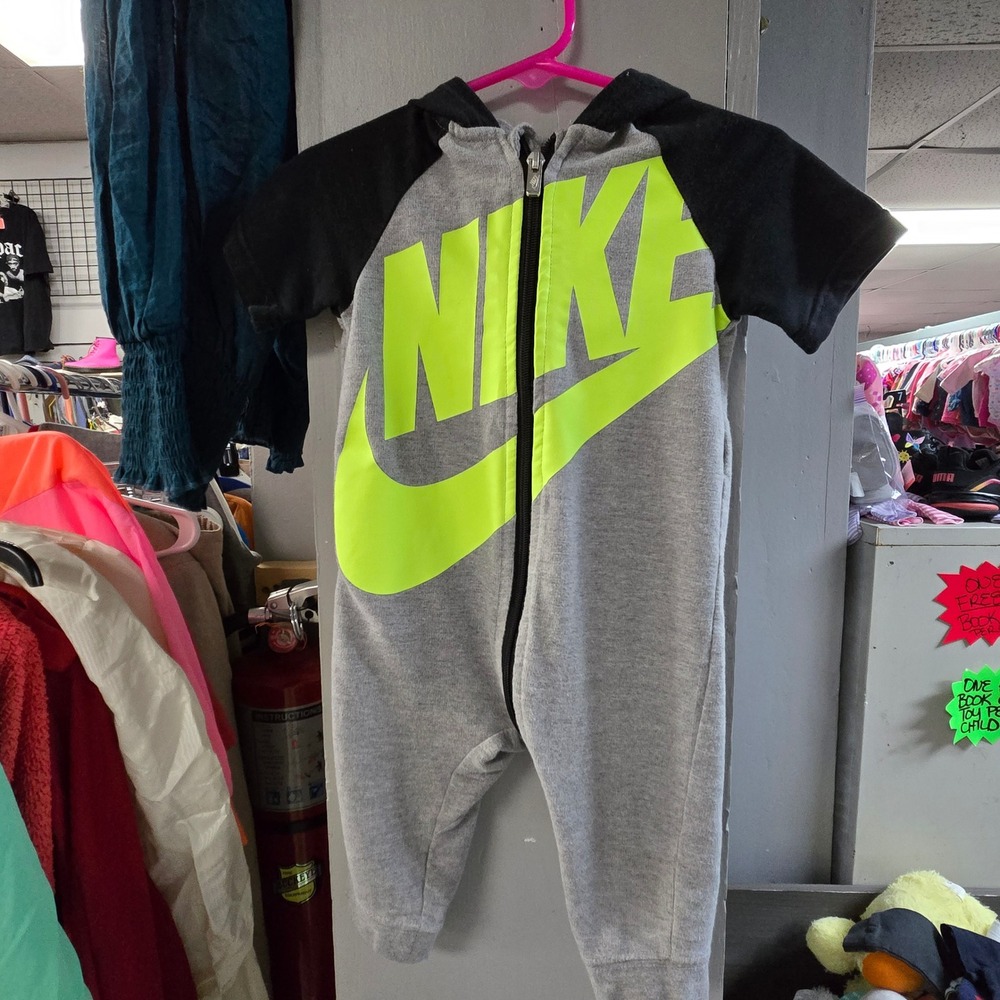 Nike Infant Hooded Romper Grey Black Neon Yellow Logo Zip Coverall 9-12M